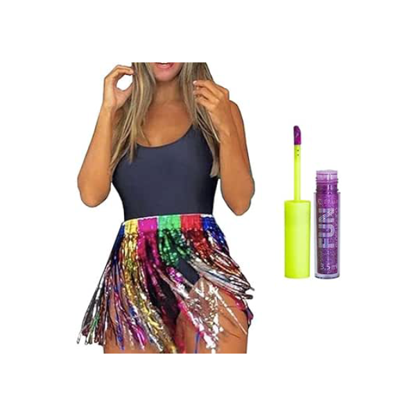 Saia de Fitilho Metalizado Tamanho 38/40 + 1 Gloss Fun Glitter Cor Sortida: Carnaval Festas