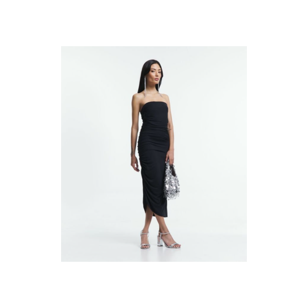 Vestido Midi em Meia Malha Tomara que Caia com Franzido na Lateral Preto