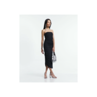 Vestido Midi em Meia Malha Tomara que Caia com Franzido na Lateral Preto