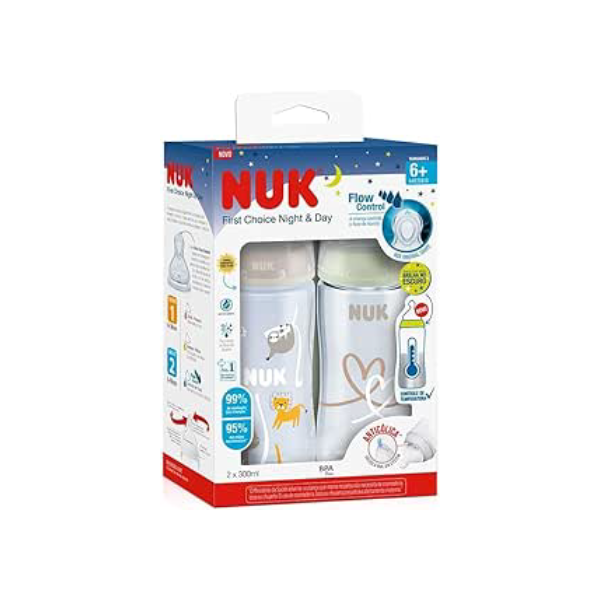 NUK Kit de Mamadeiras Anticólica Dia e Noite com Controle de Temperatura 300ml - Branca