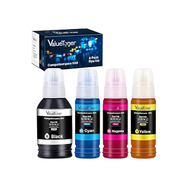 Valuetoner Kit 4 Refil Tintas Compatível para Epson 504 T504 Compatível para Epson Impresoras L4150 L4160 L4260 L6161 L6171 L6191 L6270 L14150 (4 Frascos: Preto, Magenta, Ciano, Amarelo)