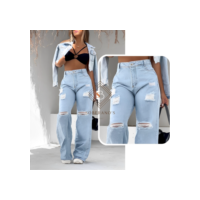 Calça Jeans Feminina Wide Leg rasgada pantalona