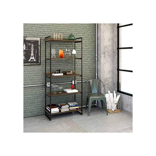Estante Multiuso 5 Prateleiras 187x80cm Estilo Industrial, Compace, Kuadra, Carvalho Dark/Est.Preta