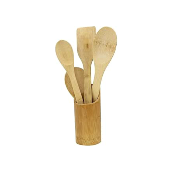 Suporte e Jogo de Utensílios de Cozinha Premium em Bambu (5 Peças) – Colheres de Bambu para Cozinhar, Servir, Casa, Presente