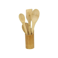 Suporte e Jogo de Utensílios de Cozinha Premium em Bambu (5 Peças) – Colheres de Bambu para Cozinhar, Servir, Casa, Presente