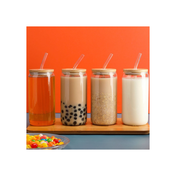 Copo de Vidro com Tampa de Bambu e Canudo de Vidro 500 ML Drinks Caipirinha