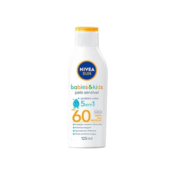 NIVEA SUN Protetor Solar Kids & Babies Pele Sensível FPS 60 125ml - Infantil, muito alta proteção UVA/UVB, minimiza o surgimento de alergias, muito resistente à água com proteção imediata