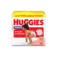 Fralda Pants Huggies Proteção Acolchoada Tamanho M 72 unidades – Nova Fralda Supreme Care estilo roupinha, que veste como shortinho e com cintura acolchoada super macia que previne marquinhas, fácil de colocar e tirar (embalagem pode variar)