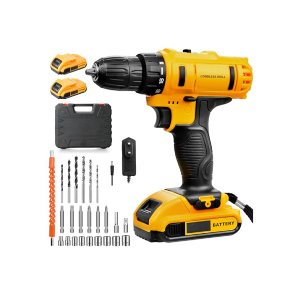 Blackultra Parafusadeira e Furadeira à Bateria 21V Conjunto de Furadeira Elétrica Sem Fio com Bateria e Carregador, Kit de 24 Acessórios e Maleta, Luzes LED, 2 Baterias, Amarelo (21V)