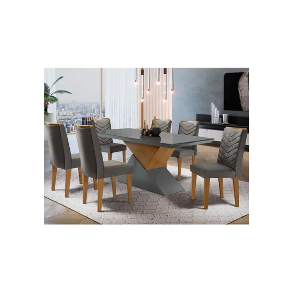 Mesa Aster 180 Tampo Em Mdf E Vidro + 6 Cadeiras Liz Moderna Cor Grafite com Imbuia
