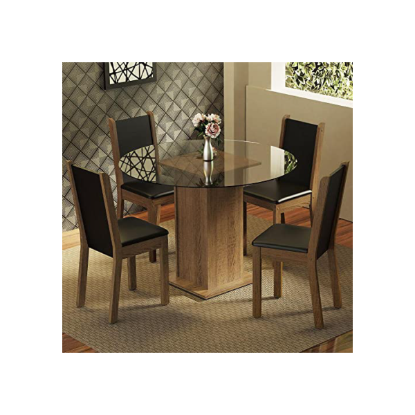 Conjunto Sala de Jantar Madesa Nanda Mesa Tampo de Vidro Redondo 4 Cadeiras - Rustic/preto