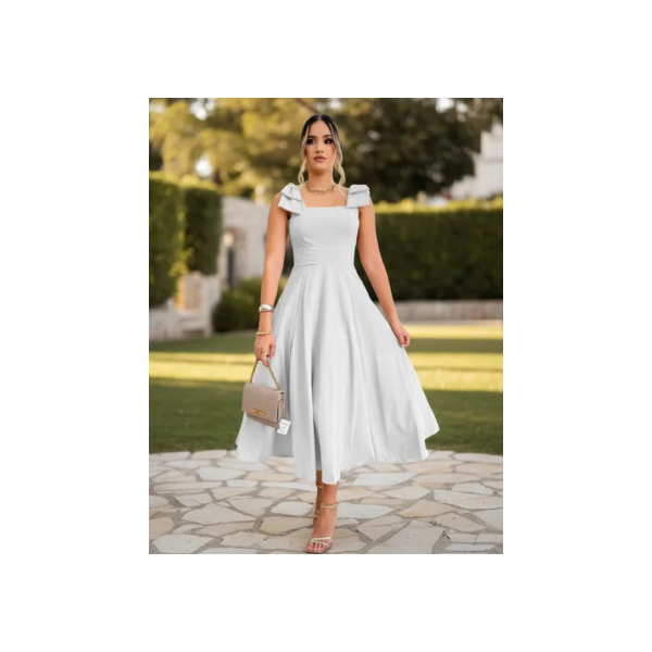 Vestido Longo De Linho Forrado Com Lacinho No Ombro Bojo