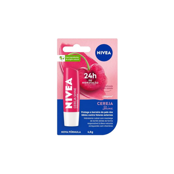NIVEA Hidratante Labial Cereja Shine 4,8g - Cuidado e proteção para seus lábios por 24h, além de delicioso aroma de cereja e delicado brilho rosa