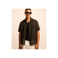 Camisa com Textura Estampa Xadrez e Gola Lapela Grafite