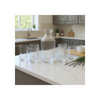 Jarra de Vidro Conjunto com 6 Copos Canelados Suco Água Resistentes Contemporâneo Lindas