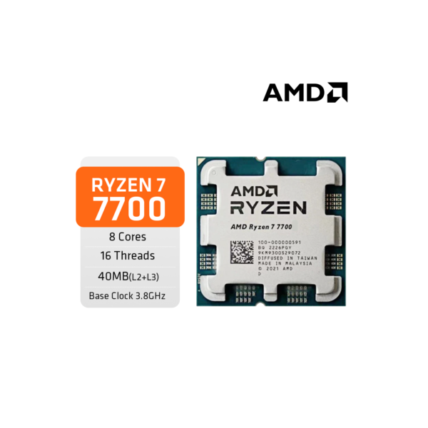 Amd Ryzen 7 7700, cache L2 + L3, 40MB, Zen 4 Raphael AM5, 65W, 5nm, tsMC, 5nm, pcie®AMD Radeon 5.0 AMD™Placas Gráficas