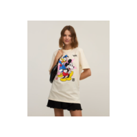 Camiseta Alongada em Algodão Estampa Mickey e Donald Off White