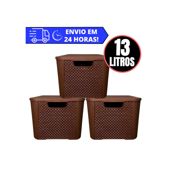 Kit 3 Caixas Organizadora Rattan REFORÇADA 13 LITROS - MARROM