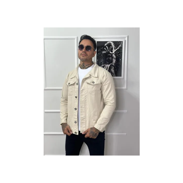 Jaqueta Masculina Com Bolso Frontal Sarja Algodão Bege
