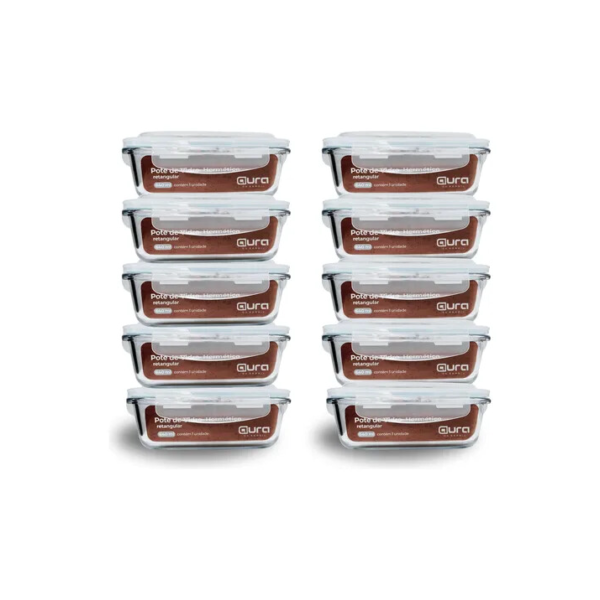 Conjunto 10 Potes 640ml Vidro Hermético 4 Travas Marmita Aura Do Brasil
