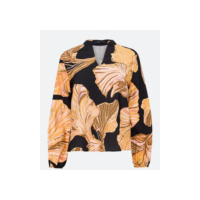 Blusa Alongada em Viscose com Gola Padre e Estampa Floral Preto/Bege