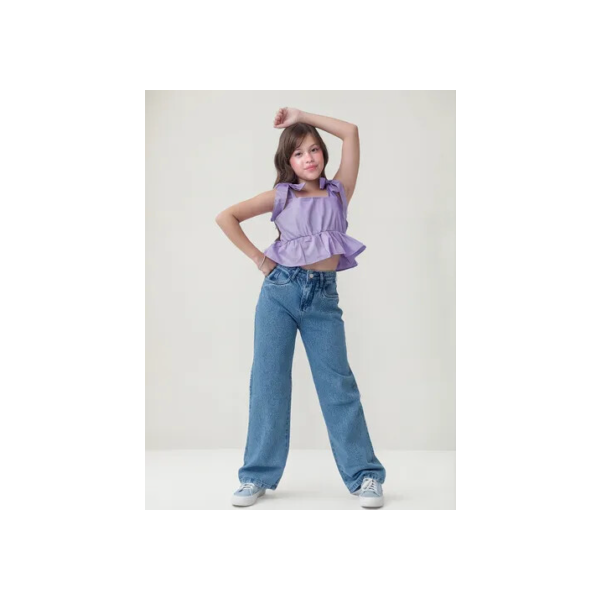 Calça Menina Jeans Juvenil Wide Leg Cintura Alta Moderno