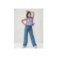 Calça Menina Jeans Juvenil Wide Leg Cintura Alta Moderno