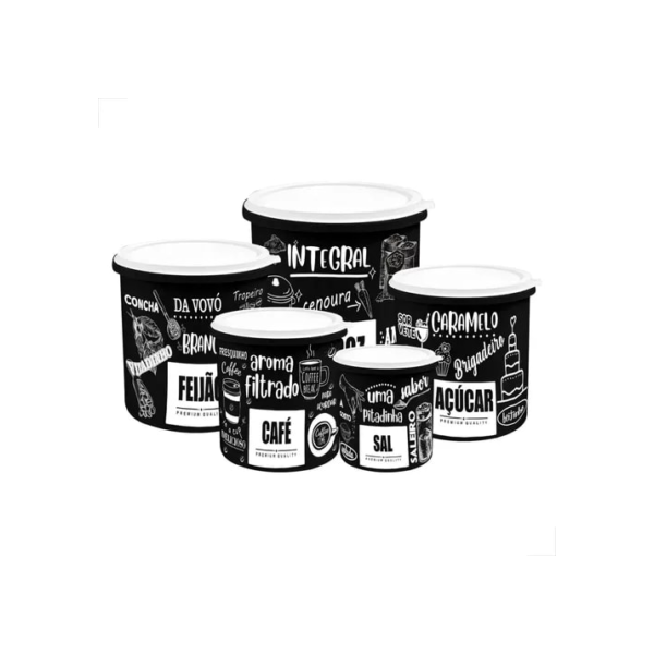 Kit 5 Potes De Mantimentos Plástico Decorado Preto Frases