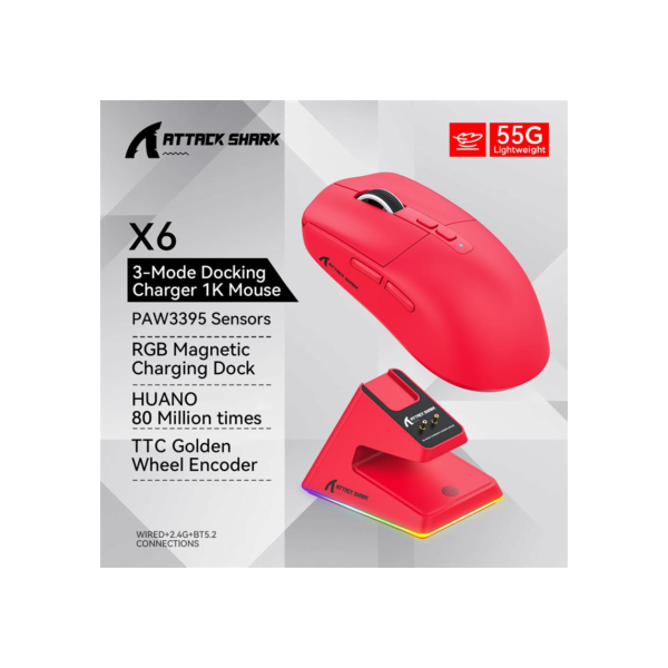 Principal! Mouse Bluetooth Attack Shark X6 PAW3395, conexão tripla, base de carregamento magnético RGB Touch, mouse macro para jogos
