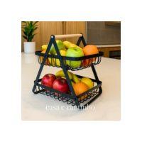 Fruteira de Mesa 2 Andares Ferro e Bambu para Café da Manhã Multiuso de Metal Preto Cesto Organizdor