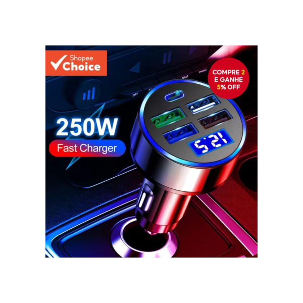 250W 5 Portas Carregador De Carro Carregamento Rápido PD QC3.0 USB C Telefone Tipo Adaptador No Para iPhone Samsung Huaw