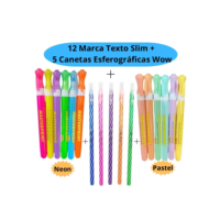 12 Marca Texto Slim ( Pastel e Neon) Masterprint + 5 Canetas Esferográficas 0.7mm Jocar