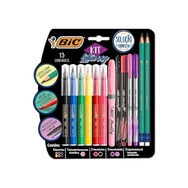 Kit Lettering BIC, c/ 6 Brush Pens + 1 Pincel Marcador Pastel Rosa + 2 Intensity Ponta Fina + 2 Intensiy Ponta Média + 2 Lápis Pretos, 971080, Multicor