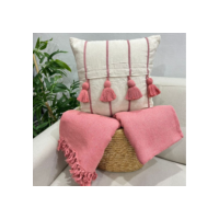 Kit Capa Almofada Pompom (1 Capa + 1 Manta) Listra Rose Decorativa Rustica Estilo Boho Colorida