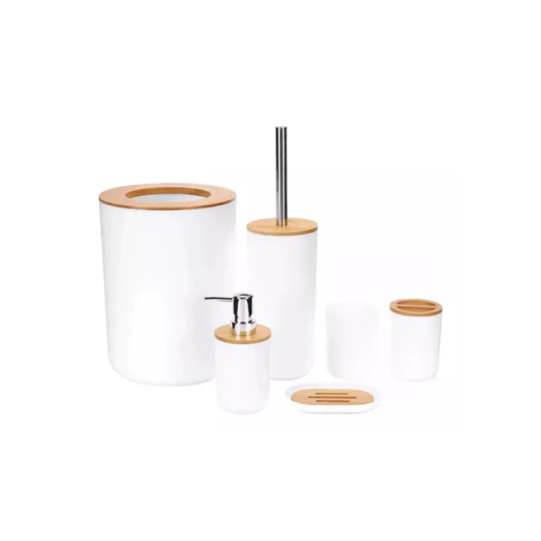 Kit Banheiro Luxo Conjunto Completo 6pçs Bambú Com Lixeira