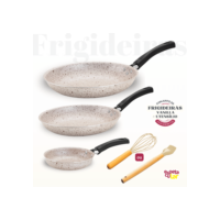 Jogo 3 Frigideiras Antiaderente Teflonada Bege Vanilla Cinza Vermelha + Utensilio