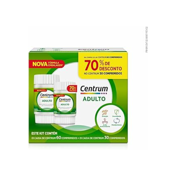 Centrum Adulto, Multivitamínico Diário, Suplemento Vitamínico com Vitamina B12, Vitamina C, Vitamina D, Vitamina E e Zinco, 90 Comprimidos
