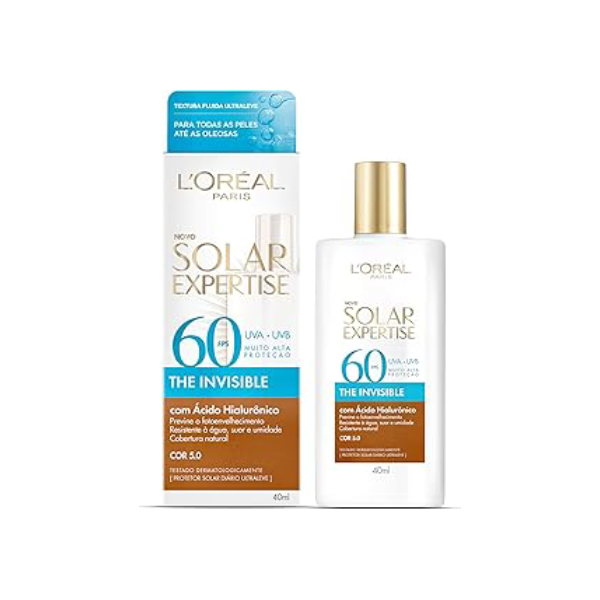 L'Oréal Paris Solar Expertise, Protetor Solar Facial The Invisible Fluido FPS60 com Ácido Hialurônico e Tecnologia NETLOCK, Alta Proteção Solar com Ação Anti Idade, Cor 5.0 40g