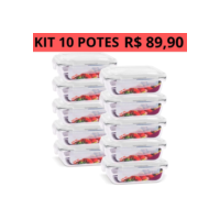 Kit 10 Pote Hermético de Vidro 340ml Marmita Fit Tampa 4 Travas Freezer Microondas