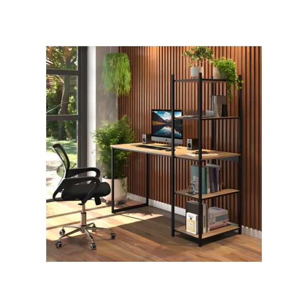 Mesa Escrivaninha Com 5 Prateleiras Vintage Design Laminado Com Preto Madeira E Metal Tons Em Mel Para Home Office Estilo Industrial