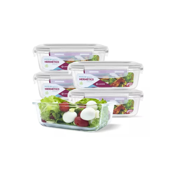 Conjunto 5 Pote Vidro Hermético Marmita Tampa Plástico 640ml