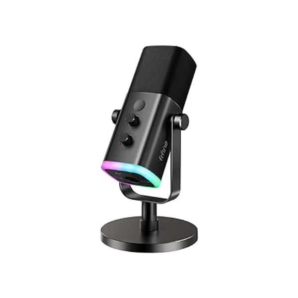 FIFINE Microfone dinâmico XLR/USB para gravação podcast,mic streaming para PC computador e jogos com luz RGB,botão mudo,conector para fones ouvido,suporte de mesa,mic vocal para YouTube-AM8 Preto