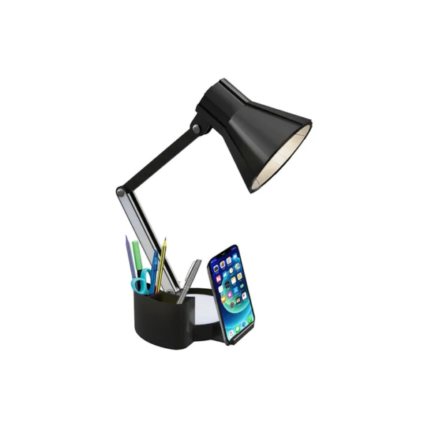Luminária Articulada Porta Lápis, Caneta E Suporte Celular Cúpula Preto Estrutura Preto Marx Greg 3D