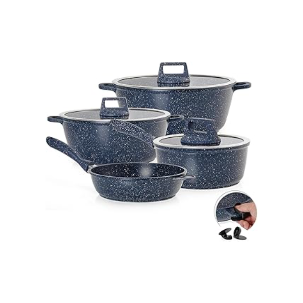 MODA DO CHEF Jogo de Panelas Antiaderrnte 4 Peças Graniflon Azul com Frigideira Caçarolas e Panela Antiaderente Premium, tampa de vidro Leve Fácil de Limpar Ideal para o Dia a Dia