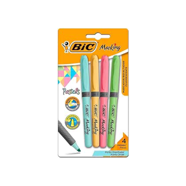 Pincel Marcador de Texto Cores Pastel BIC Marking, Ponta Chanfrada, Grip, 1.5 - 3.5mm, 970913, 4 Cores