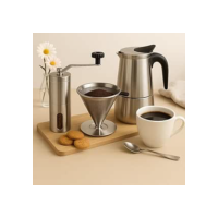 Kit Café 3 Peças com Cafeteira Italiana para 2 Xícaras + Moedor Manual Inox + Filtro Reutilizável – Ideal para Café Gourmet, Presente Criativo, Uso Diário, Compatível com Fogão