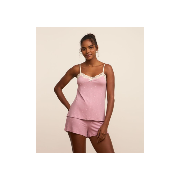 Pijama Short Doll Alcinha com Estampa Poá e Detalhe de Renda Rosa