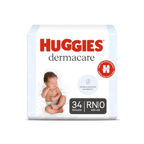 Fralda Huggies Premium Dermacare Tamanho RN - 34 Fraldas Premium com Tecnologia Avançada para Pele Sensível do bebê que ajuda previnir assaduras