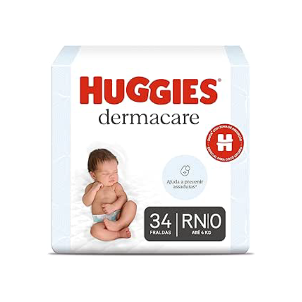 Fralda Huggies Premium Dermacare Tamanho RN - 34 Fraldas Premium com Tecnologia Avançada para Pele Sensível do bebê que ajuda previnir assaduras