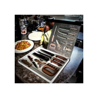 Kit Churrasco Madeirado Marrom Conjunto de 08 Peças Facas Gourmet Corte Navalha Antiaderente Premium T2X Soluções